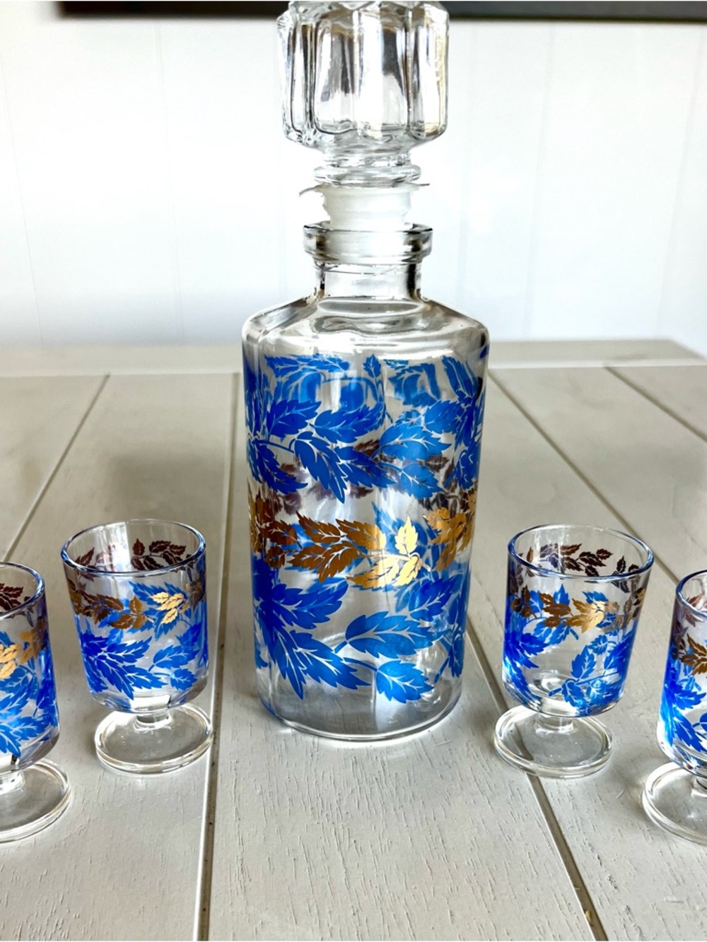 Luminarc Blue and Gold Leaf Glass Decanter Set